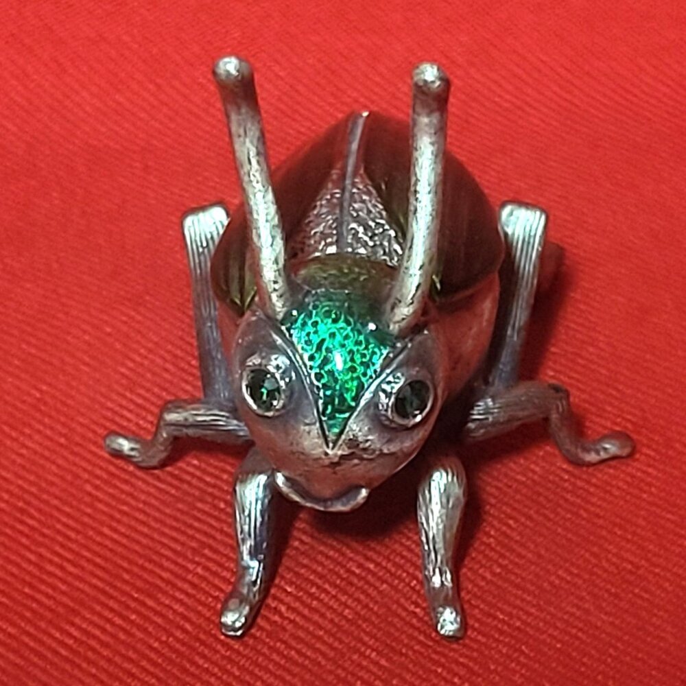 Decorative Scarab Beetle Metallic Silver Colored Body Green Textured Back